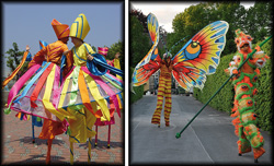 In colourful costumes the stilt walkers stroll like caterpillars and butterflies