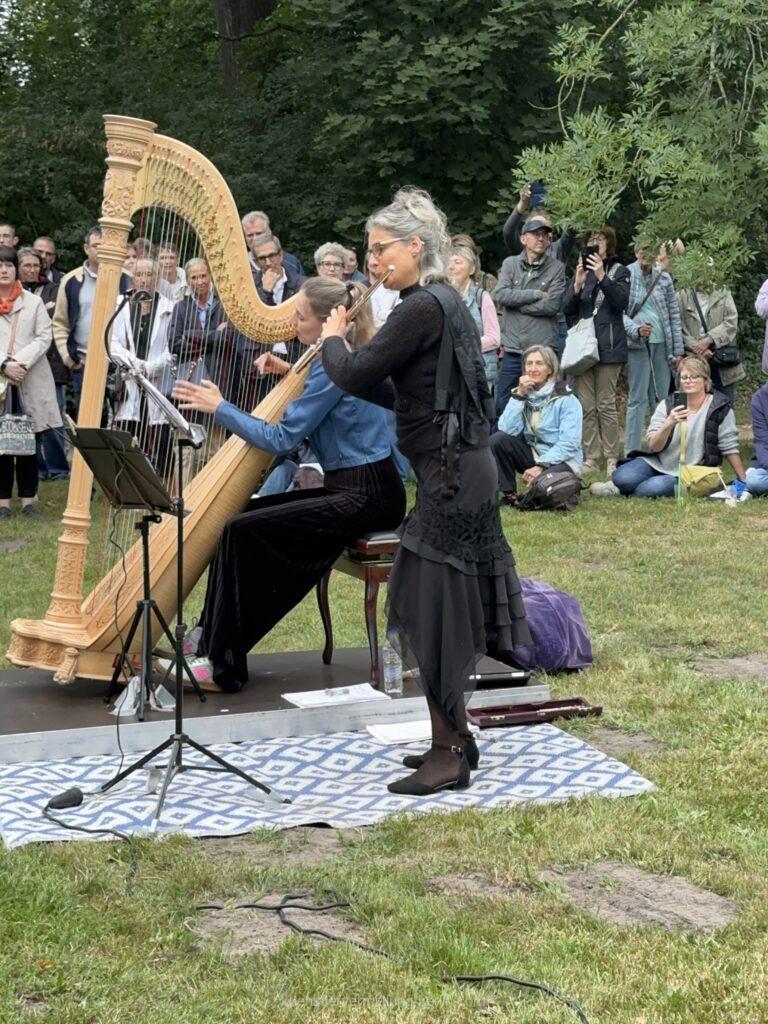 Musiker mit Harfe und Querflöte spielen eine Symbiose aus alten Instrumenten und modernen Interpretationen für Events und kulturelle Veranstaltungen