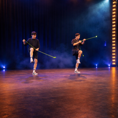Zwei YoYo Künstler nach einer Bühnenperformance im Spotlight